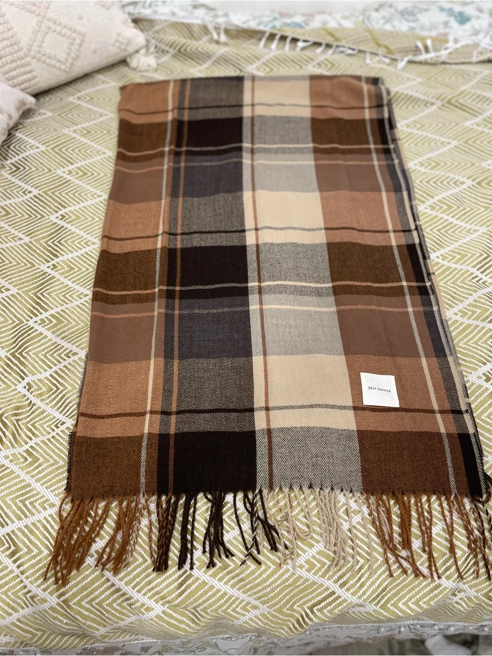 Self service Plaid Fringe Scarf in Brown and Tan